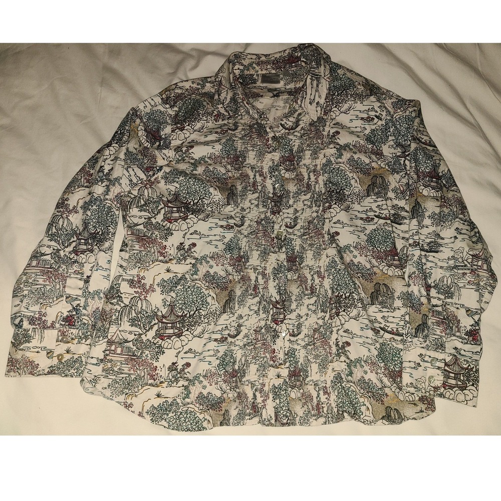 Chico's Asian Landscape Print Button Up Shirt Women Size M Long Sleeve Collared - Picture 1 of 13
